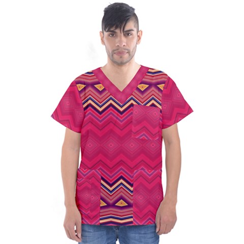 Boho Aztec Stripes Rose Pink Men s V-neck Scrub Top by SpinnyChairDesigns