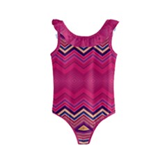 Boho Aztec Stripes Rose Pink Kids  Frill Swimsuit by SpinnyChairDesigns