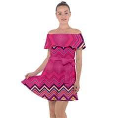 Boho Aztec Stripes Rose Pink Off Shoulder Velour Dress by SpinnyChairDesigns