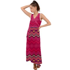 Boho Aztec Stripes Rose Pink V-neck Chiffon Maxi Dress by SpinnyChairDesigns