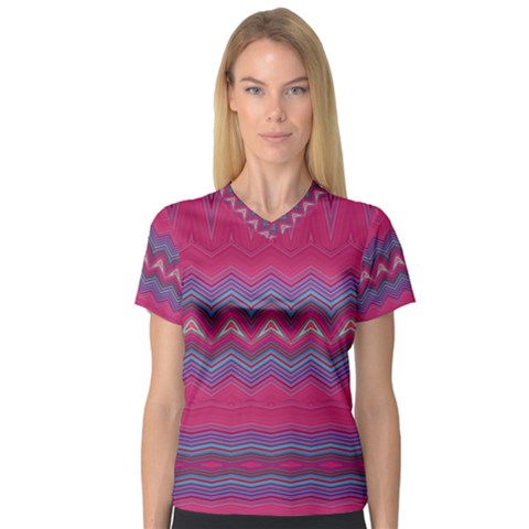 Magenta Blue Stripes V-neck Sport Mesh Tee by SpinnyChairDesigns