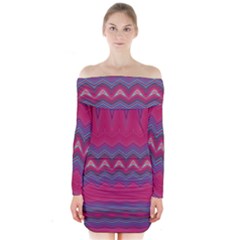 Magenta Blue Stripes Long Sleeve Off Shoulder Dress by SpinnyChairDesigns