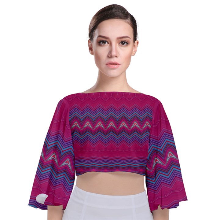 Magenta Blue Stripes Tie Back Butterfly Sleeve Chiffon Top