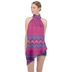 Magenta Blue Stripes Halter Asymmetric Satin Top by SpinnyChairDesigns