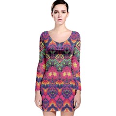 Boho Colorful Pattern Long Sleeve Velvet Bodycon Dress by SpinnyChairDesigns