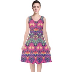 Boho Colorful Pattern V-neck Midi Sleeveless Dress  by SpinnyChairDesigns