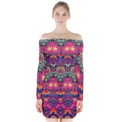 Boho Colorful Pattern Long Sleeve Off Shoulder Dress by SpinnyChairDesigns