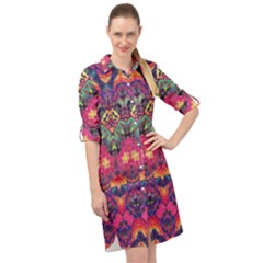 Boho Colorful Pattern Long Sleeve Mini Shirt Dress by SpinnyChairDesigns