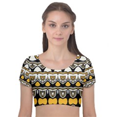 Boho Black White Yellow Velvet Short Sleeve Crop Top  by SpinnyChairDesigns