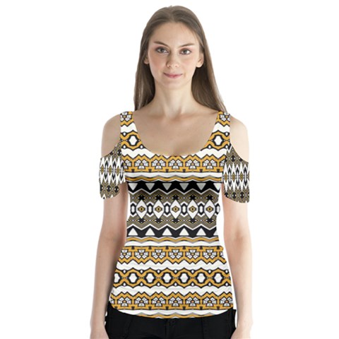 Boho Black Yellow Floral Print Butterfly Sleeve Cutout Tee  by SpinnyChairDesigns