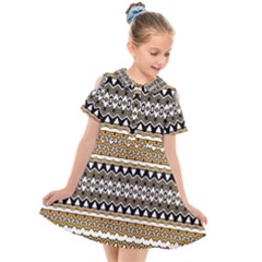 Boho Black Yellow Floral Print Kids  Short Sleeve Shirt Dress by SpinnyChairDesigns