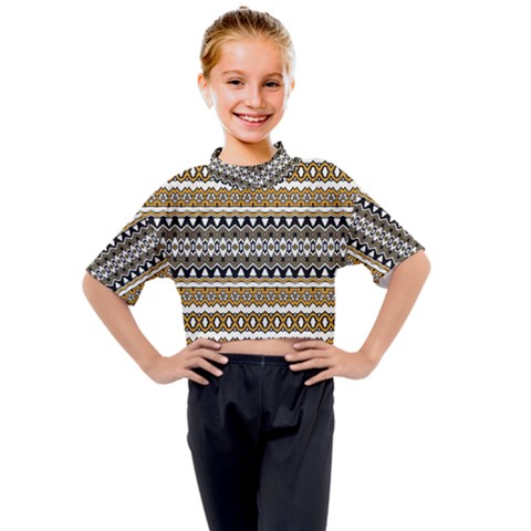 Boho Black Yellow Floral Print Kids Mock Neck Tee by SpinnyChairDesigns