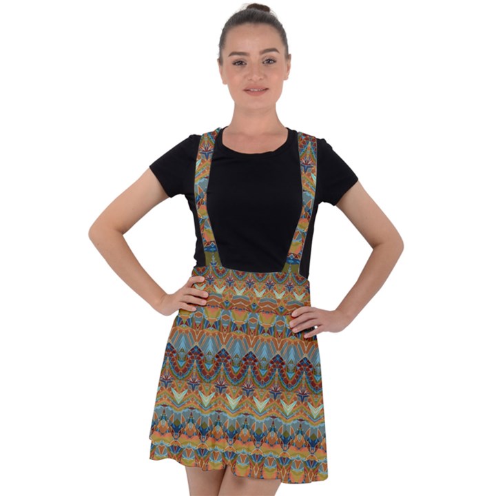 Boho Earth Colors Pattern Velvet Suspender Skater Skirt