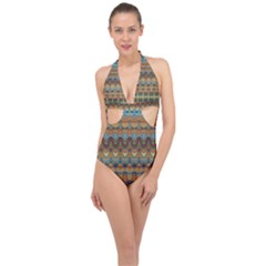 Boho Earth Colors Pattern Halter Front Plunge Swimsuit by SpinnyChairDesigns