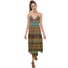 Boho Earth Colors Pattern Halter Tie Back Dress  by SpinnyChairDesigns