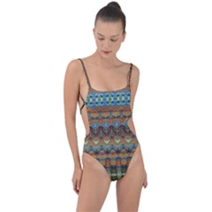 Boho Earth Colors Pattern Tie Strap One Piece Swimsuit by SpinnyChairDesigns