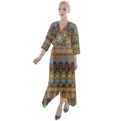 Boho Earth Colors Pattern Quarter Sleeve Wrap Front Maxi Dress by SpinnyChairDesigns