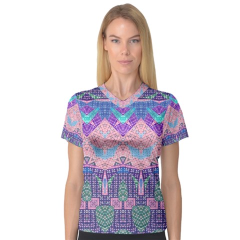 Boho Patchwork Violet Pink Green V-neck Sport Mesh Tee by SpinnyChairDesigns