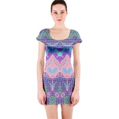 Boho Patchwork Violet Pink Green Short Sleeve Bodycon Dress by SpinnyChairDesigns