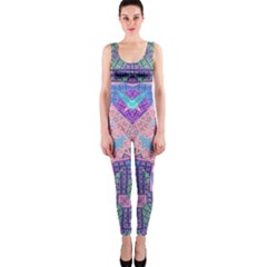 Boho Patchwork Violet Pink Green One Piece Catsuit by SpinnyChairDesigns