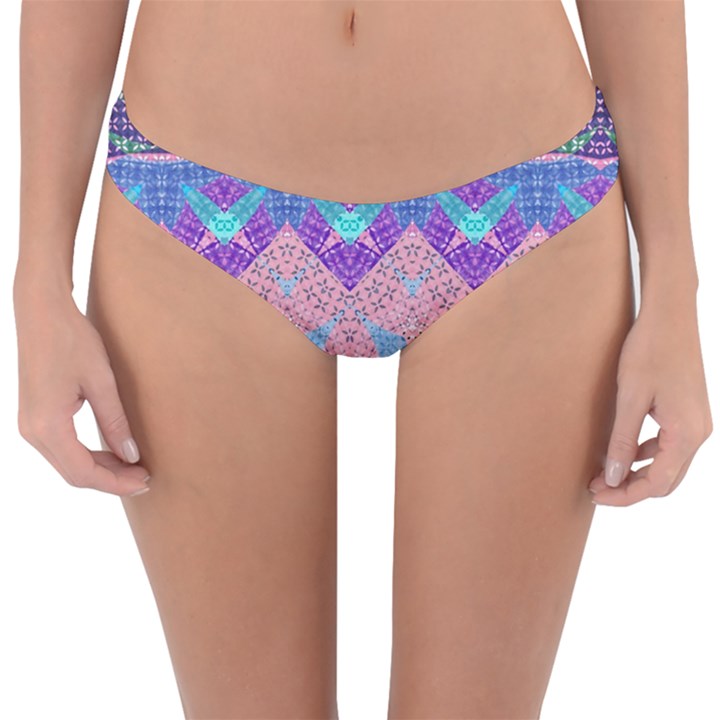 Boho Patchwork Violet Pink Green Reversible Hipster Bikini Bottoms