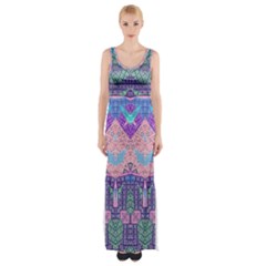 Boho Patchwork Violet Pink Green Thigh Split Maxi Dress by SpinnyChairDesigns