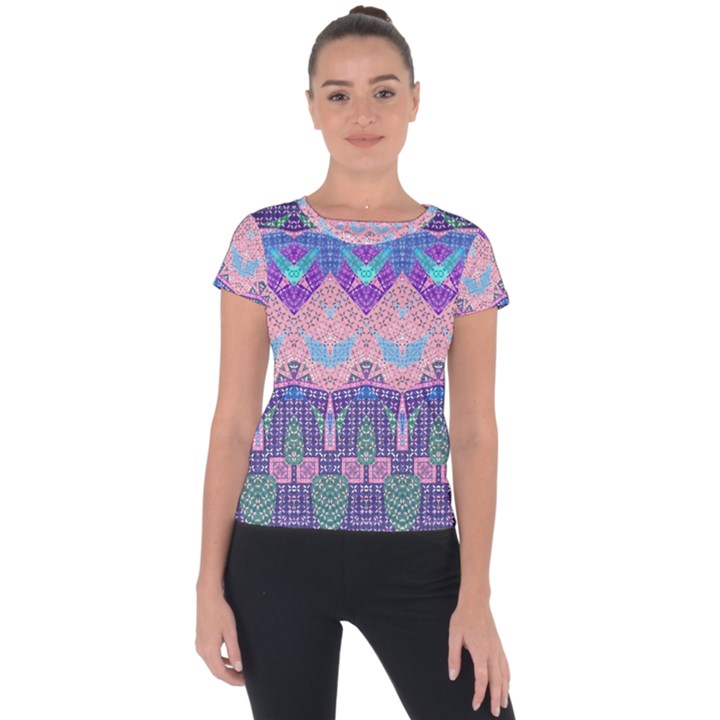 Boho Patchwork Violet Pink Green Short Sleeve Sports Top 