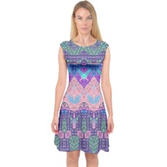 Boho Patchwork Violet Pink Green Capsleeve Midi Dress by SpinnyChairDesigns