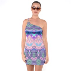 Boho Patchwork Violet Pink Green One Soulder Bodycon Dress by SpinnyChairDesigns