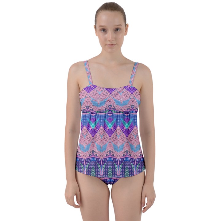 Boho Patchwork Violet Pink Green Twist Front Tankini Set