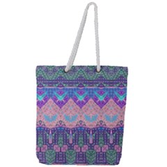 Boho Patchwork Violet Pink Green Full Print Rope Handle Tote (large) by SpinnyChairDesigns