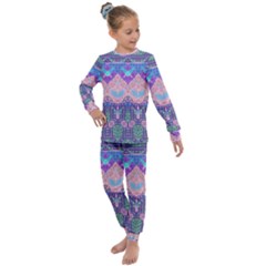 Boho Patchwork Violet Pink Green Kids  Long Sleeve Set  by SpinnyChairDesigns