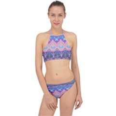 Boho Patchwork Violet Pink Green Racer Front Bikini Set by SpinnyChairDesigns