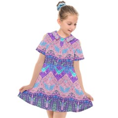 Boho Patchwork Violet Pink Green Kids  Short Sleeve Shirt Dress by SpinnyChairDesigns