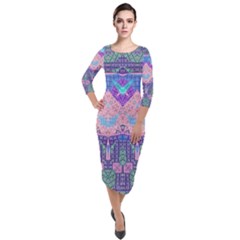 Boho Patchwork Violet Pink Green Quarter Sleeve Midi Velour Bodycon Dress by SpinnyChairDesigns