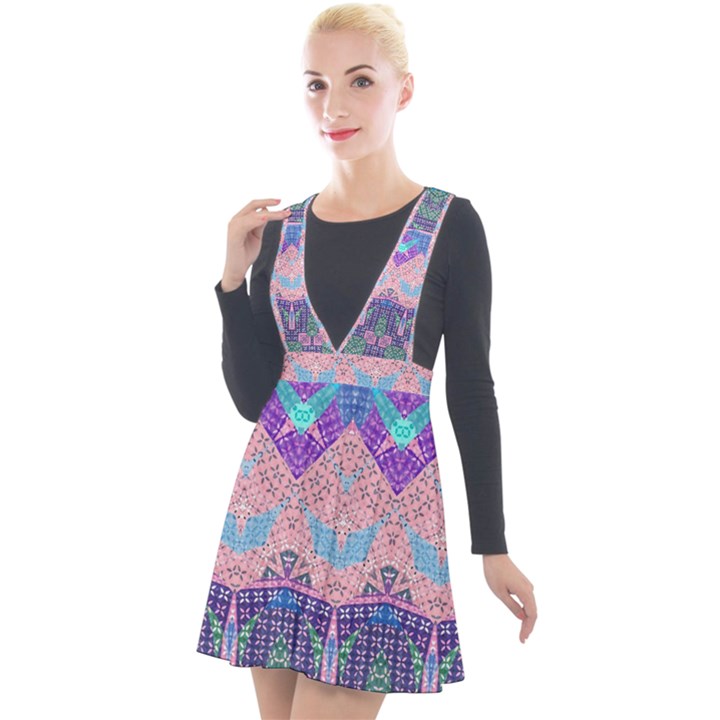 Boho Patchwork Violet Pink Green Plunge Pinafore Velour Dress