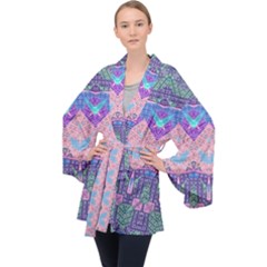 Boho Patchwork Violet Pink Green Long Sleeve Velvet Kimono  by SpinnyChairDesigns