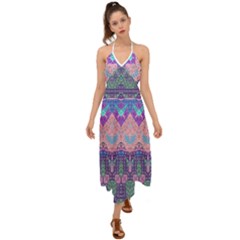 Boho Patchwork Violet Pink Green Halter Tie Back Dress  by SpinnyChairDesigns