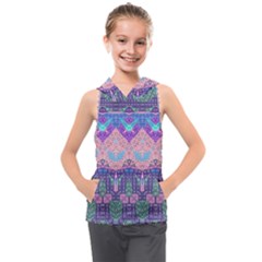 Boho Patchwork Violet Pink Green Kids  Sleeveless Hoodie by SpinnyChairDesigns