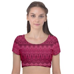 Boho Rose Pink Velvet Short Sleeve Crop Top  by SpinnyChairDesigns