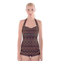 Boho Brown Gold Boyleg Halter Swimsuit 