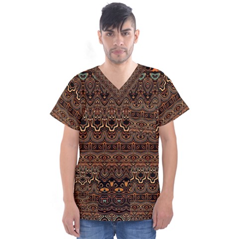 Boho Brown Gold Men s V-neck Scrub Top by SpinnyChairDesigns