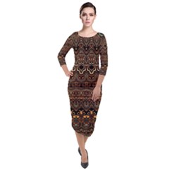 Boho Brown Gold Quarter Sleeve Midi Velour Bodycon Dress