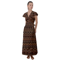 Boho Brown Gold Flutter Sleeve Maxi Dress