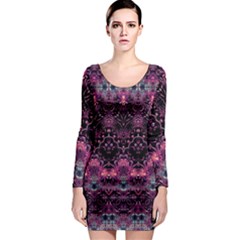 Boho Magenta Black Pattern Long Sleeve Bodycon Dress by SpinnyChairDesigns