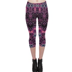 Boho Magenta Black Pattern Capri Leggings  by SpinnyChairDesigns