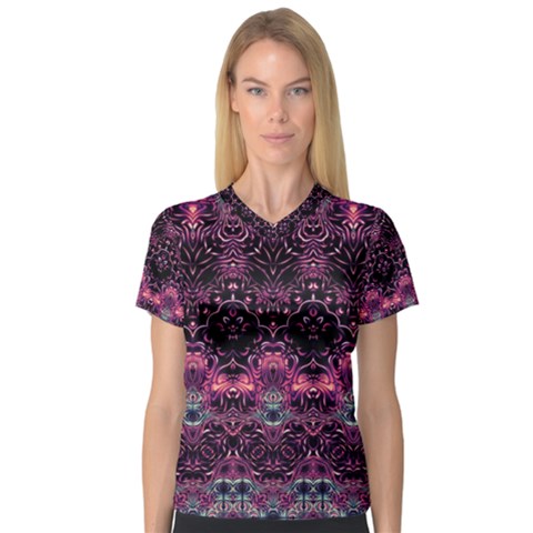 Boho Magenta Black Pattern V-neck Sport Mesh Tee by SpinnyChairDesigns