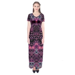 Boho Magenta Black Pattern Short Sleeve Maxi Dress by SpinnyChairDesigns