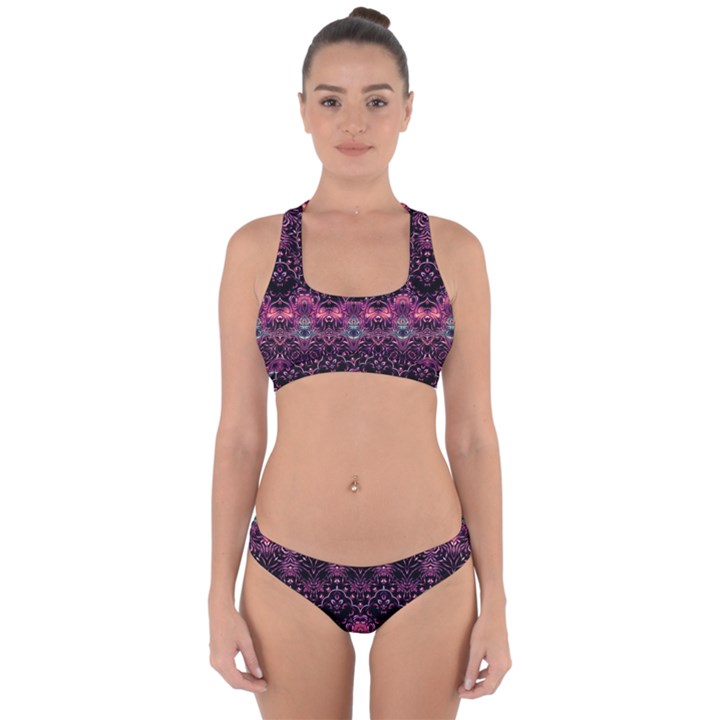 Boho Magenta Black Pattern Cross Back Hipster Bikini Set