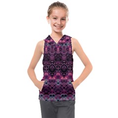 Boho Magenta Black Pattern Kids  Sleeveless Hoodie by SpinnyChairDesigns